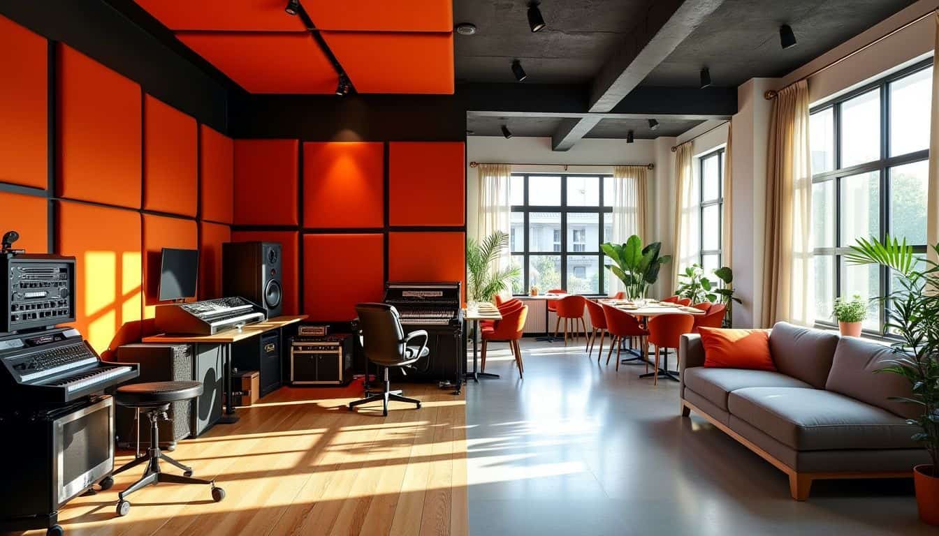 A comparison of a soundproofed music studio and a noise-reducing restaurant.