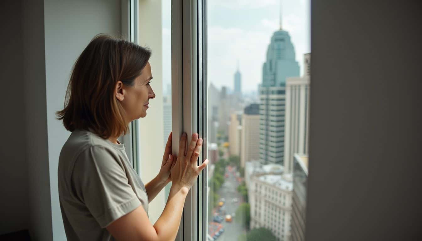 30s woman adds weather stripping to window for soundproofing.