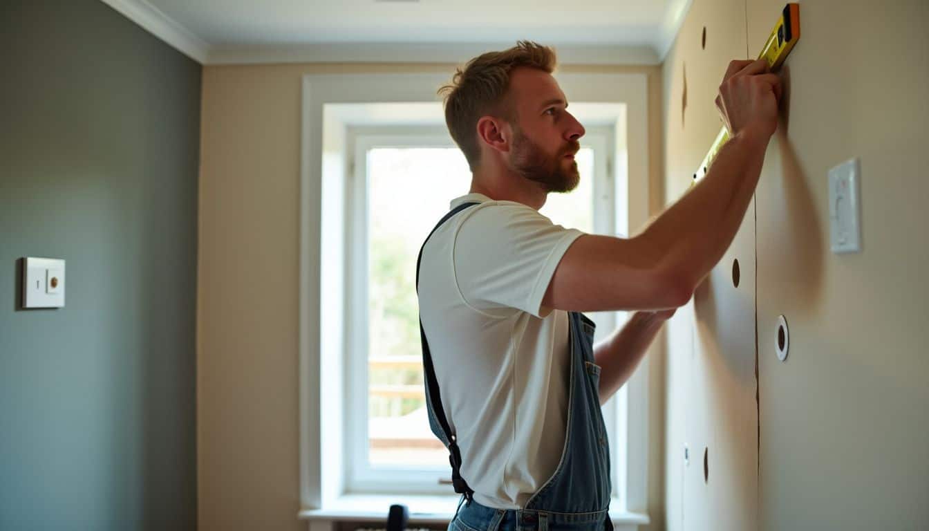 A man measures and marks spots for sound-absorbing panels in home office.