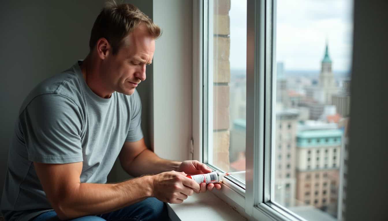 A man in his mid-40s is sealing gaps around a window.