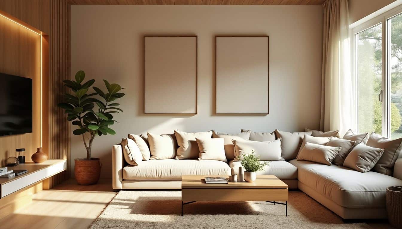 A cozy living room with soft acoustic panels, creating a peaceful atmosphere.