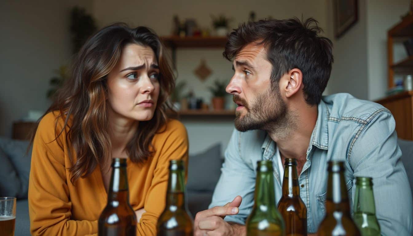 A couple in their 30s arguing in a cluttered room with empty beer bottles.