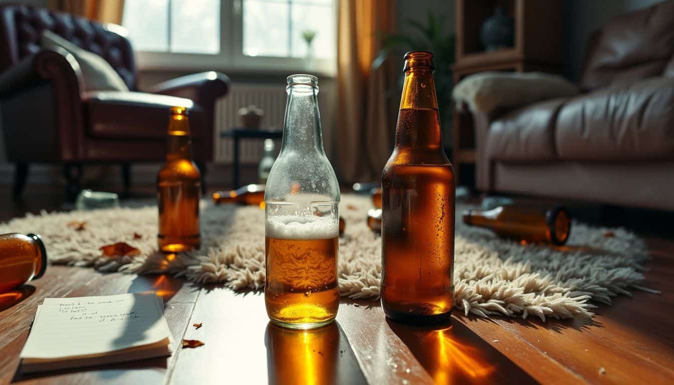 A messy living room with empty beer bottles, broken vase, and harsh note.