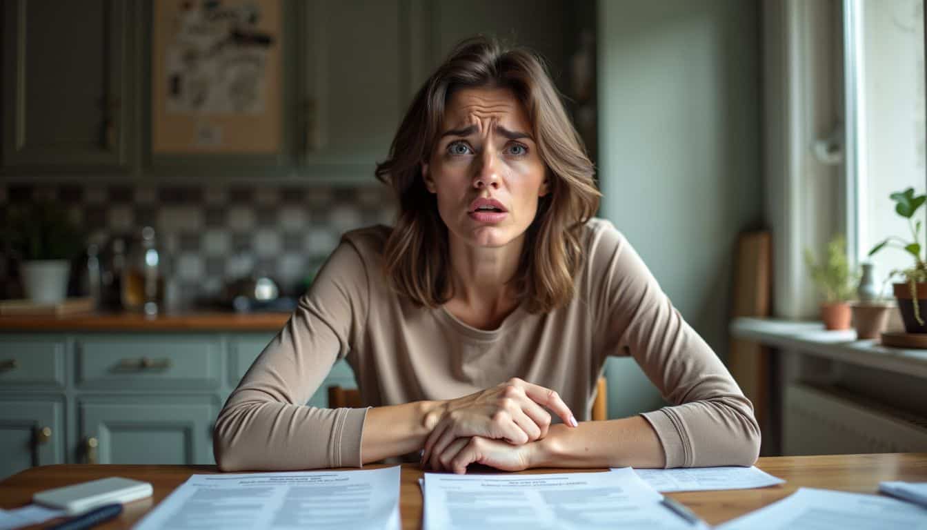 A woman sits at a cluttered kitchen table, studying legal documents.