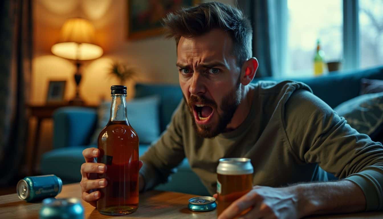 A man in his 30s angrily shouts into his phone in a cluttered living room.