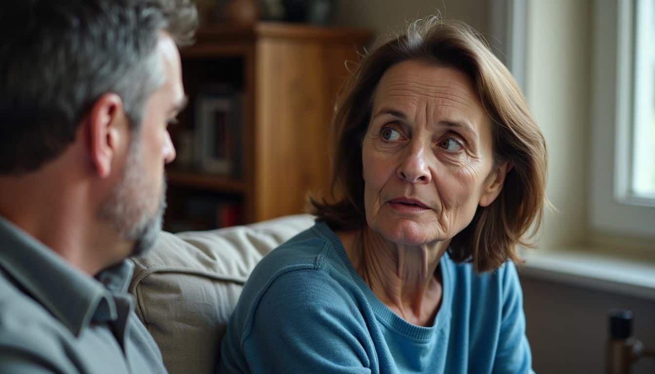 A couple having a serious but calm conversation in a living room.