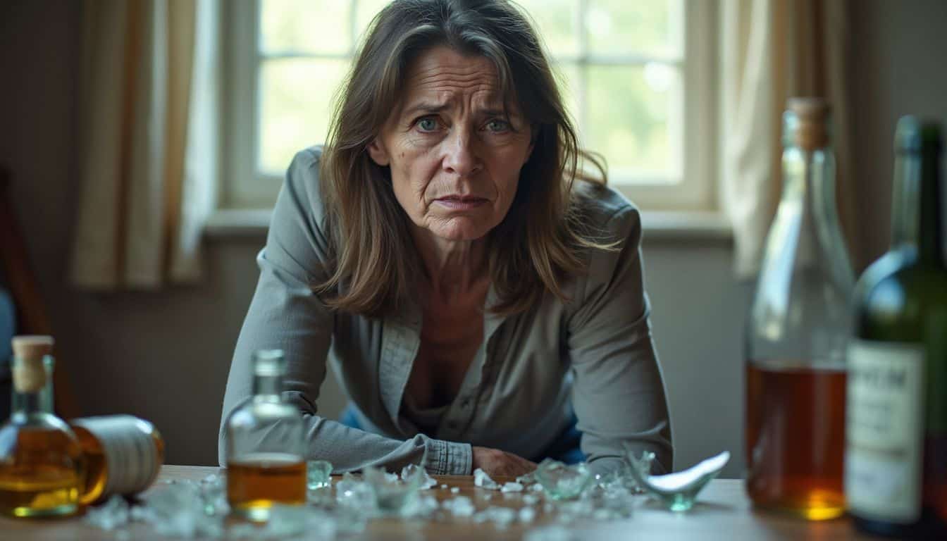 A middle-aged woman sits alone in a room surrounded by alcohol bottles and broken glass, with tears on her cheeks.