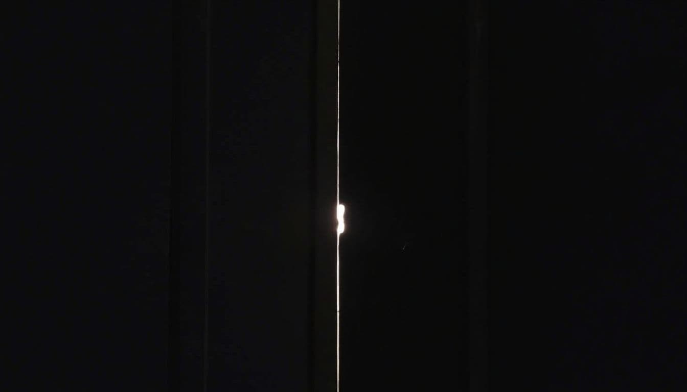 A closed bedroom door with light shining through the keyhole.