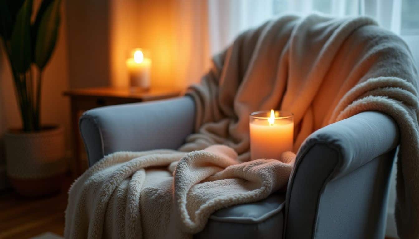 A cozy, softly lit room with a flickering scented candle.