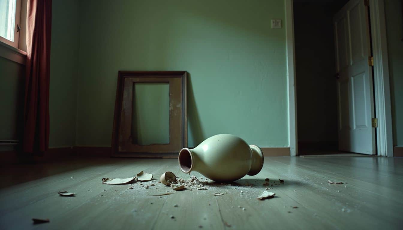 A smashed vase on the floor of a disheveled room.