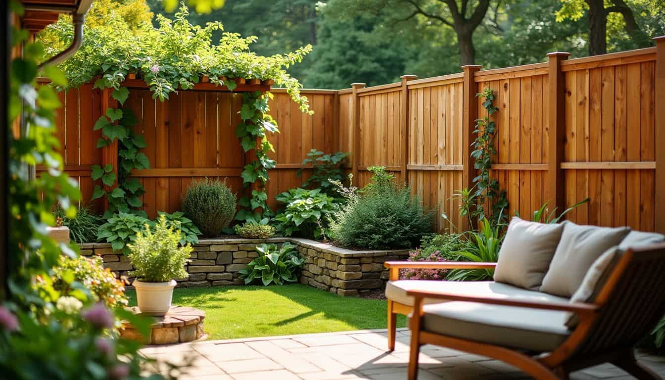 A backyard garden with wooden panel fence and cozy seating area.