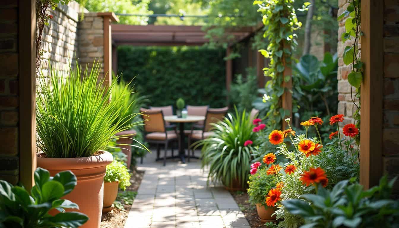 A backyard garden with plants of varying heights and a cozy seating area.