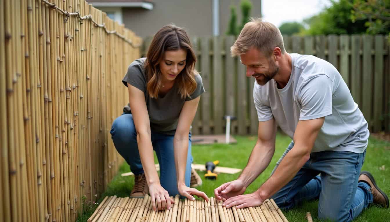 A couple in their 30s building a bamboo fence in their backyard.