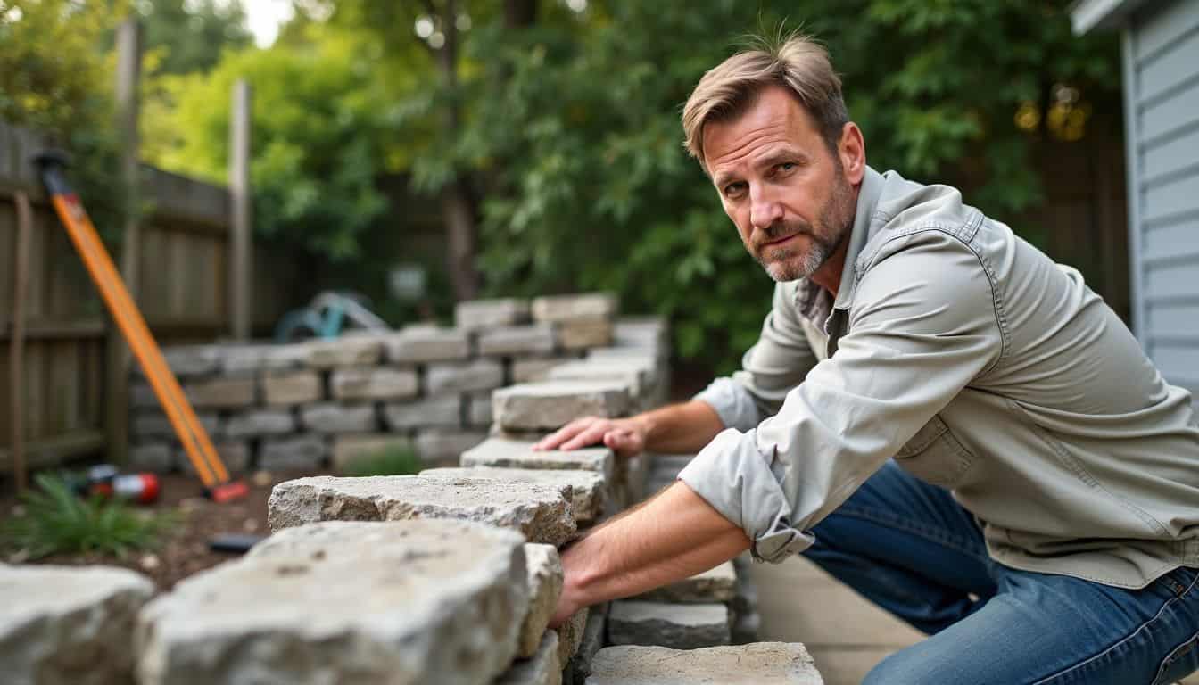 A man in his 40s is building a stone wall in his backyard.