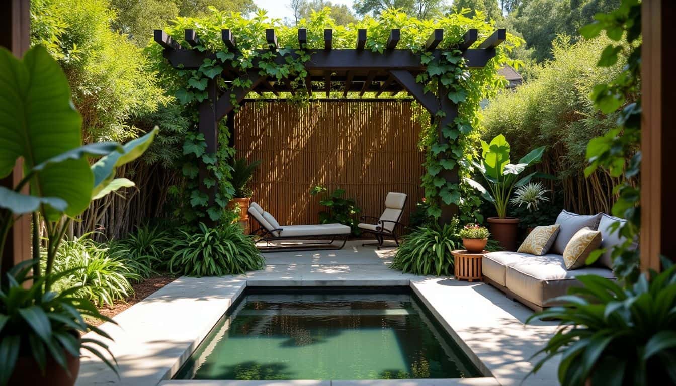 A serene backyard oasis with a pergola, bamboo privacy screen, and water feature.