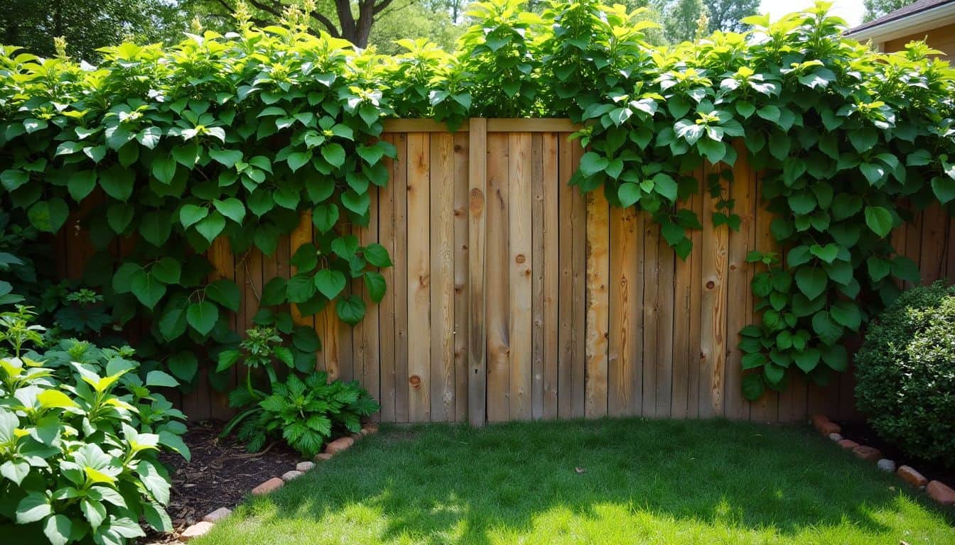 A backyard garden with a wooden fence covered in green vines.