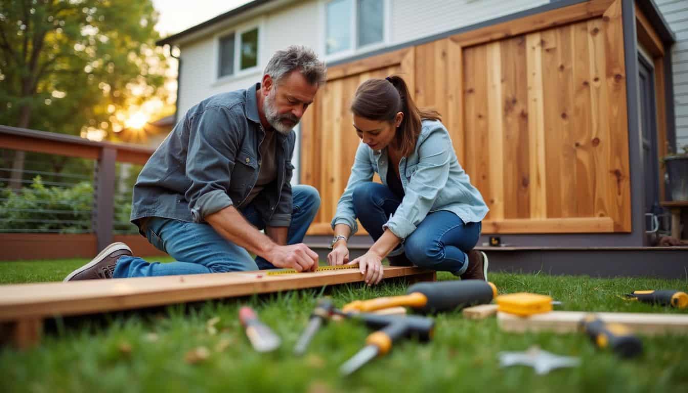 A couple installs wooden privacy panels in their backyard.