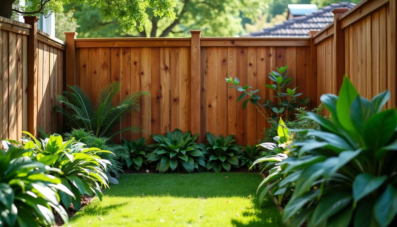 A backyard with wooden privacy fence and lush green plants.