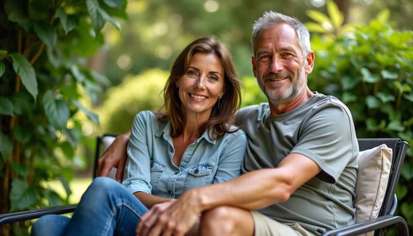 A couple enjoys a peaceful day in their lush backyard.