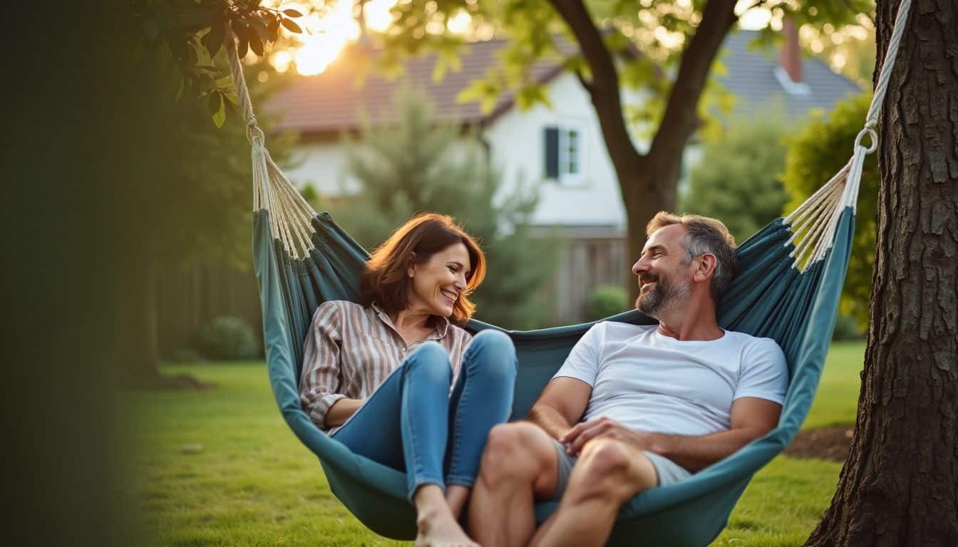 A couple relaxing in a backyard hammock surrounded by trees.