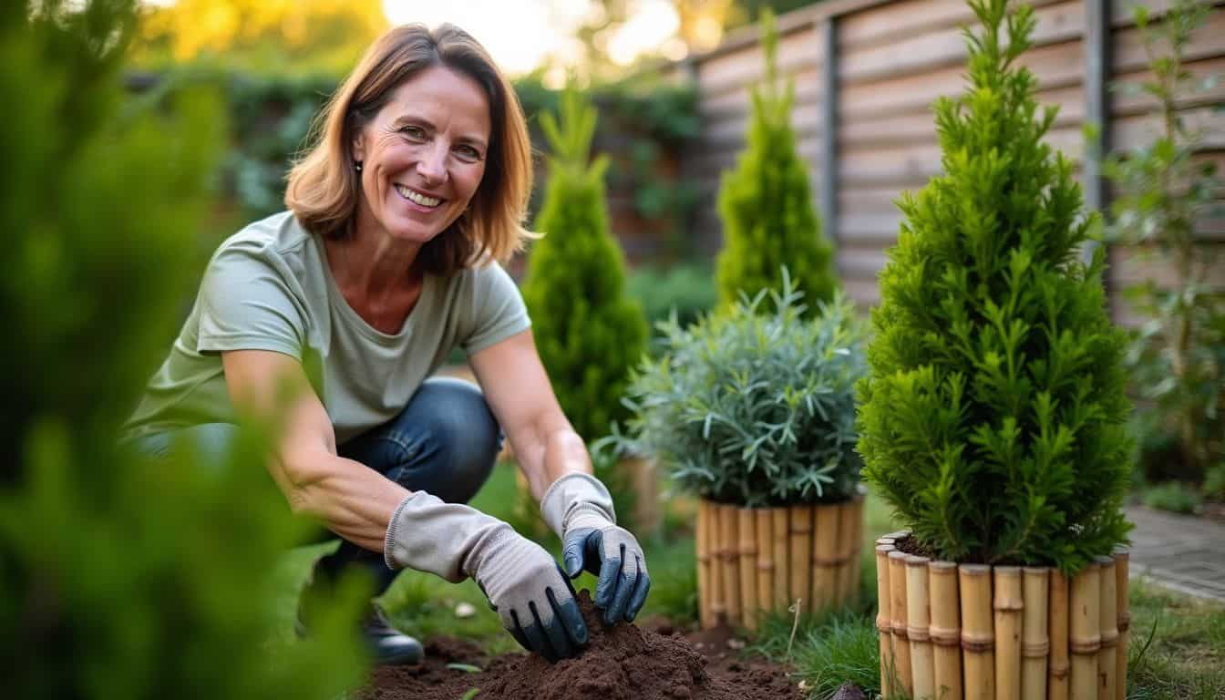 A middle-aged woman planting Italian Cypress trees in her backyard garden.