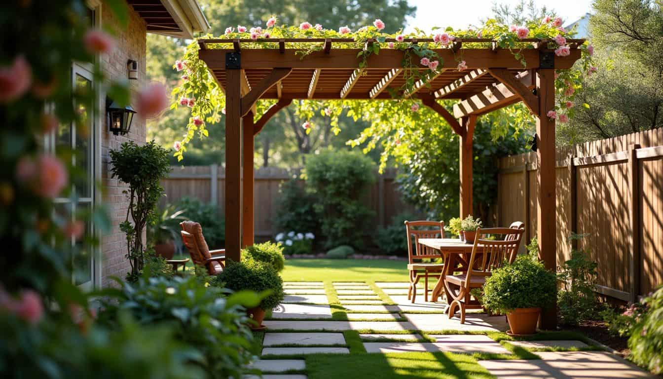 A backyard pergola adorned with blooming vines creates a cozy outdoor space.