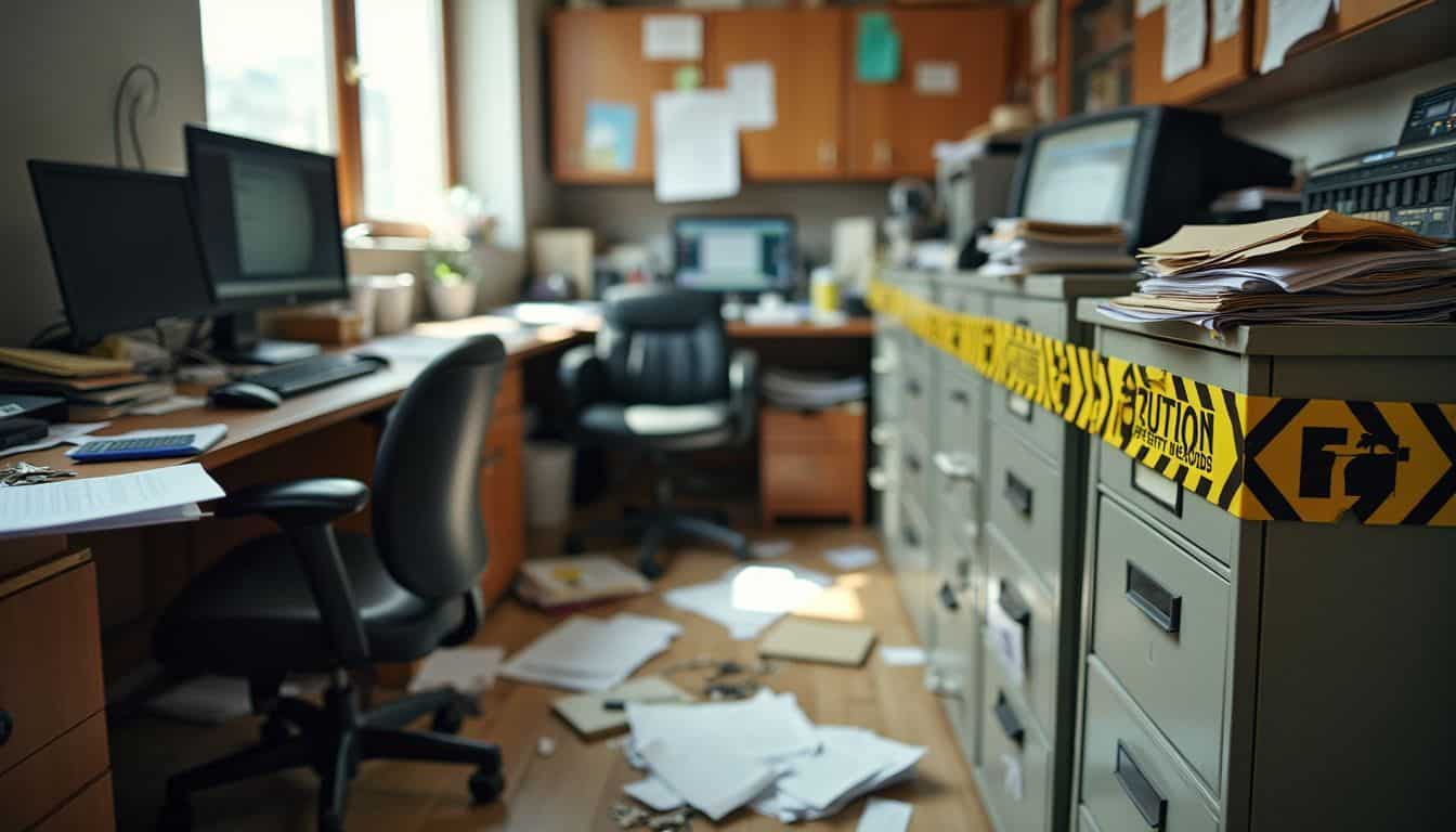 A messy office with disorganized paperwork and caution tape on filing cabinet.