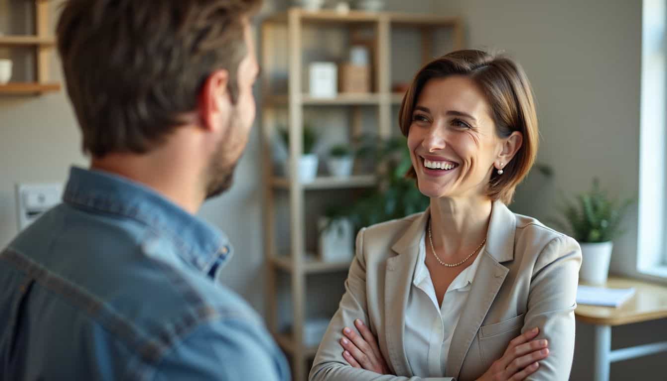 A property manager having a conversation with a tenant in a leasing office.