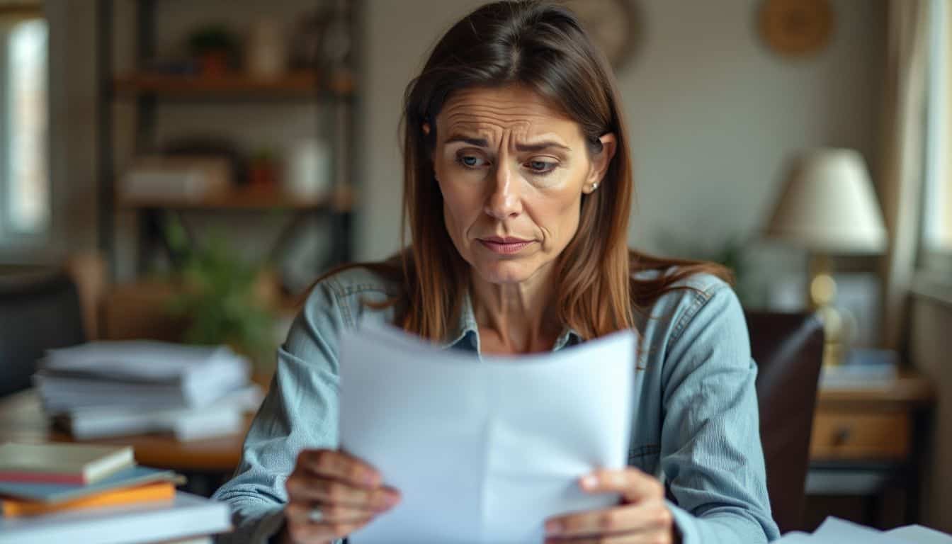 A woman in her 40s reviewing papers at a cluttered desk.