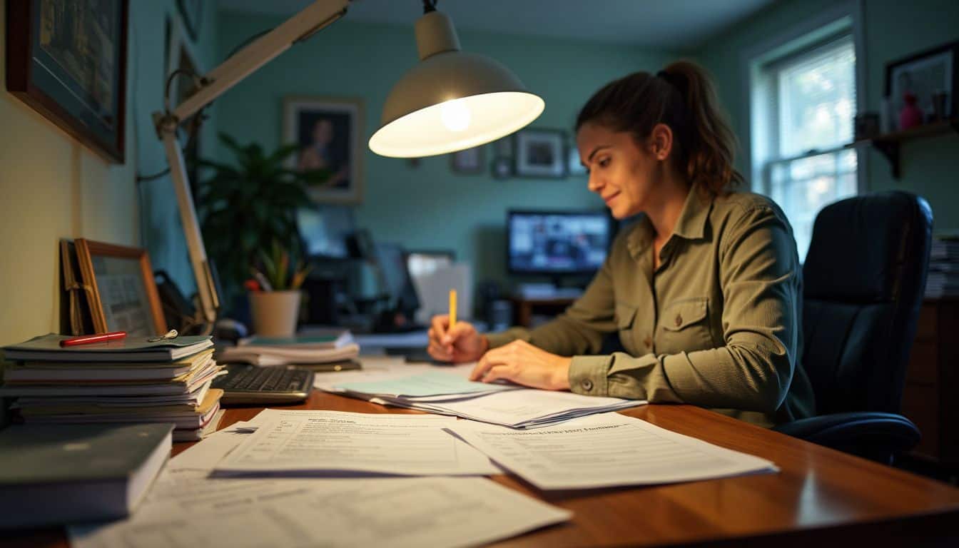 A cluttered desk with rental applications, maintenance requests, and financial reports.