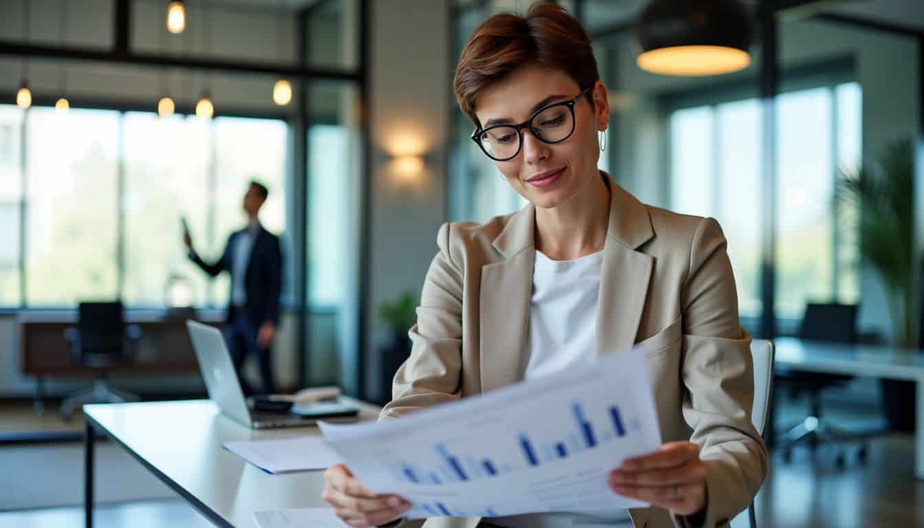 A property manager reviews financial and legal documents in a modern office.