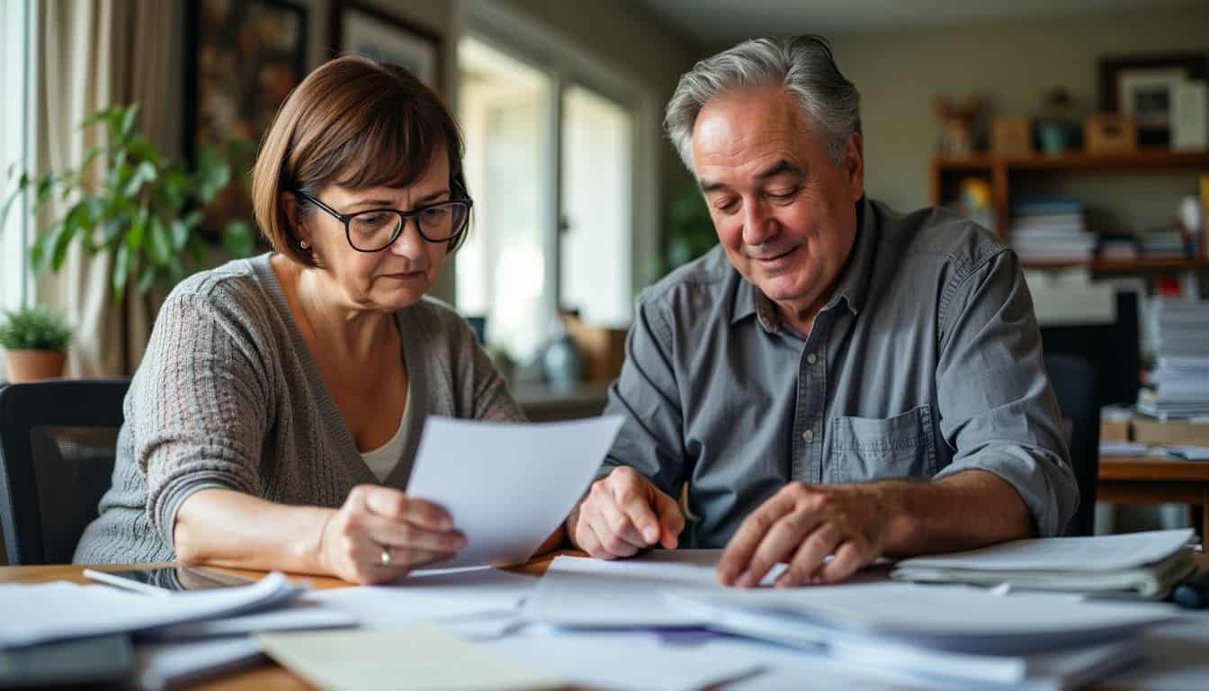 A couple reviews resumes for property managers in a cluttered home office.