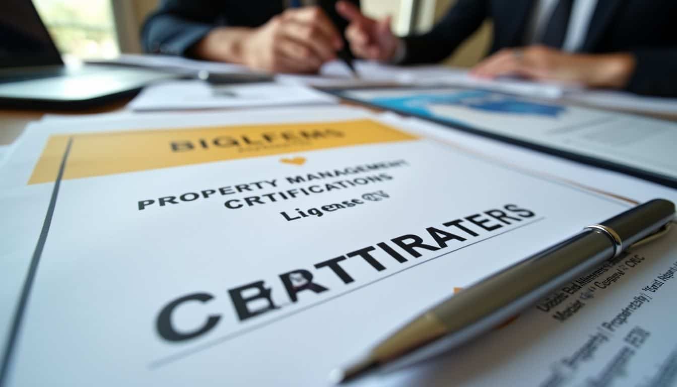 Several property management licenses and certifications arranged neatly on a desk.