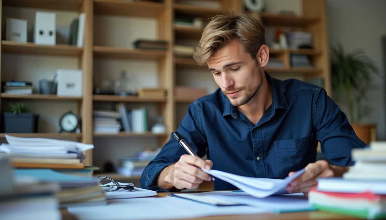 A property manager organizes files and documents in a busy office.