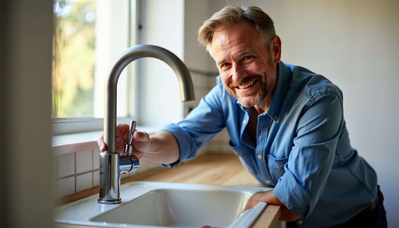 A property manager in casual clothing examines a leaking faucet.