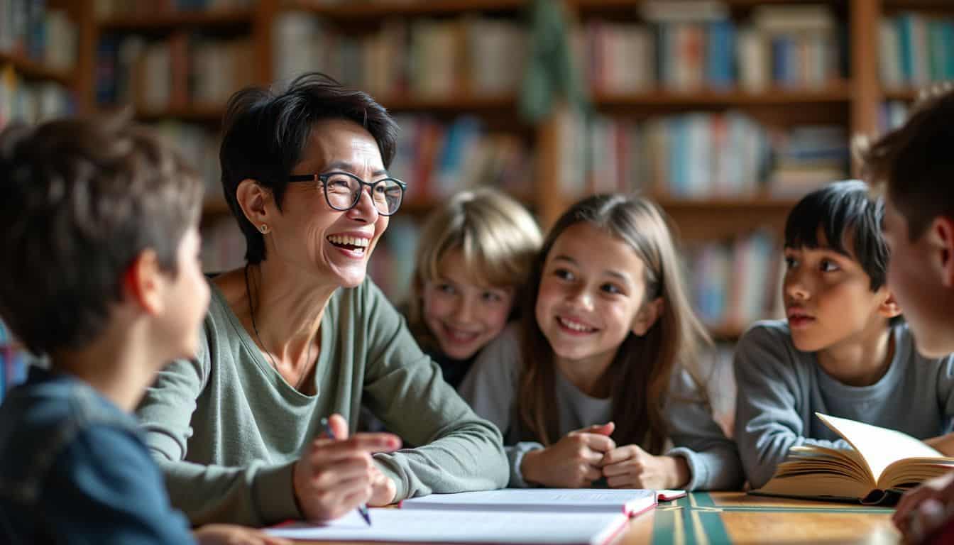 A middle-aged teacher engages a diverse group of students in a lively discussion in a cozy, book-filled library.