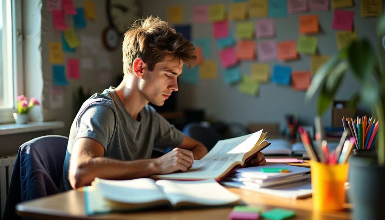 A college student studies at a cluttered desk with colorful notes and highlighters.