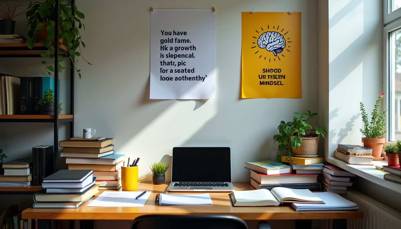 A cluttered desk with books, a laptop, and motivational posters exuding inspiration and creativity.