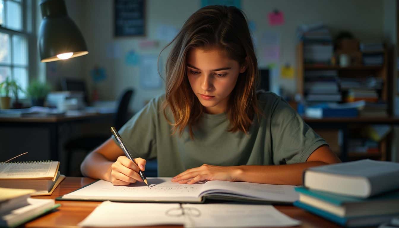 A focused teenager is studying math at a cluttered desk in a dimly lit room.