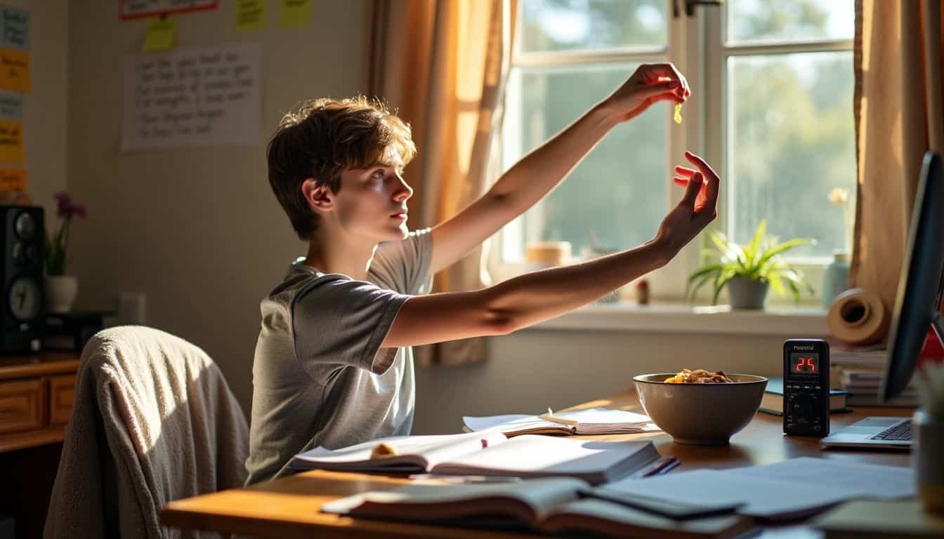 A teenager taking a break from studying in a cluttered bedroom.