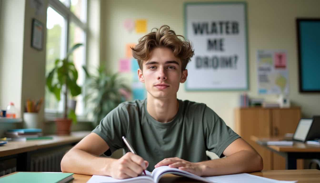 A young college student sitting at a tidy desk in a casual study space.