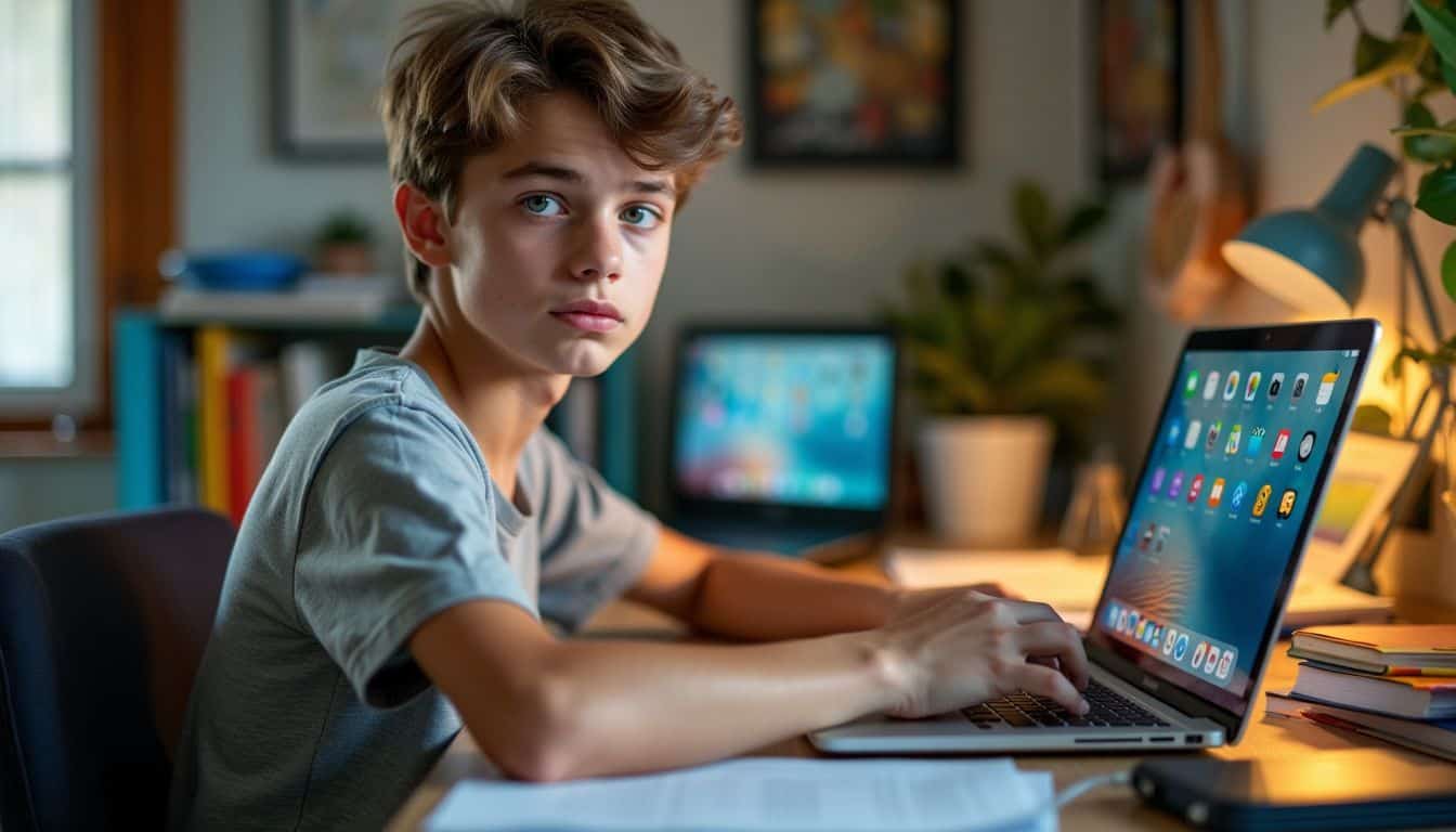 A teenage boy studies at a cluttered desk with multiple technology devices and textbooks.