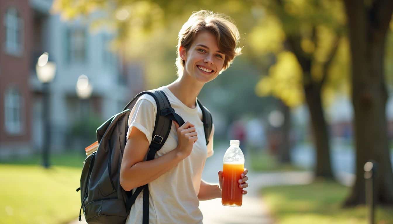 A student is walking outdoors with a water bottle, healthy lunch, and backpack.