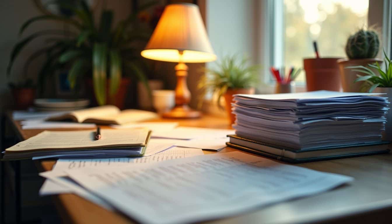 A cozy study room with a cluttered desk, warm lamp, and completed quizzes creates a productive atmosphere.