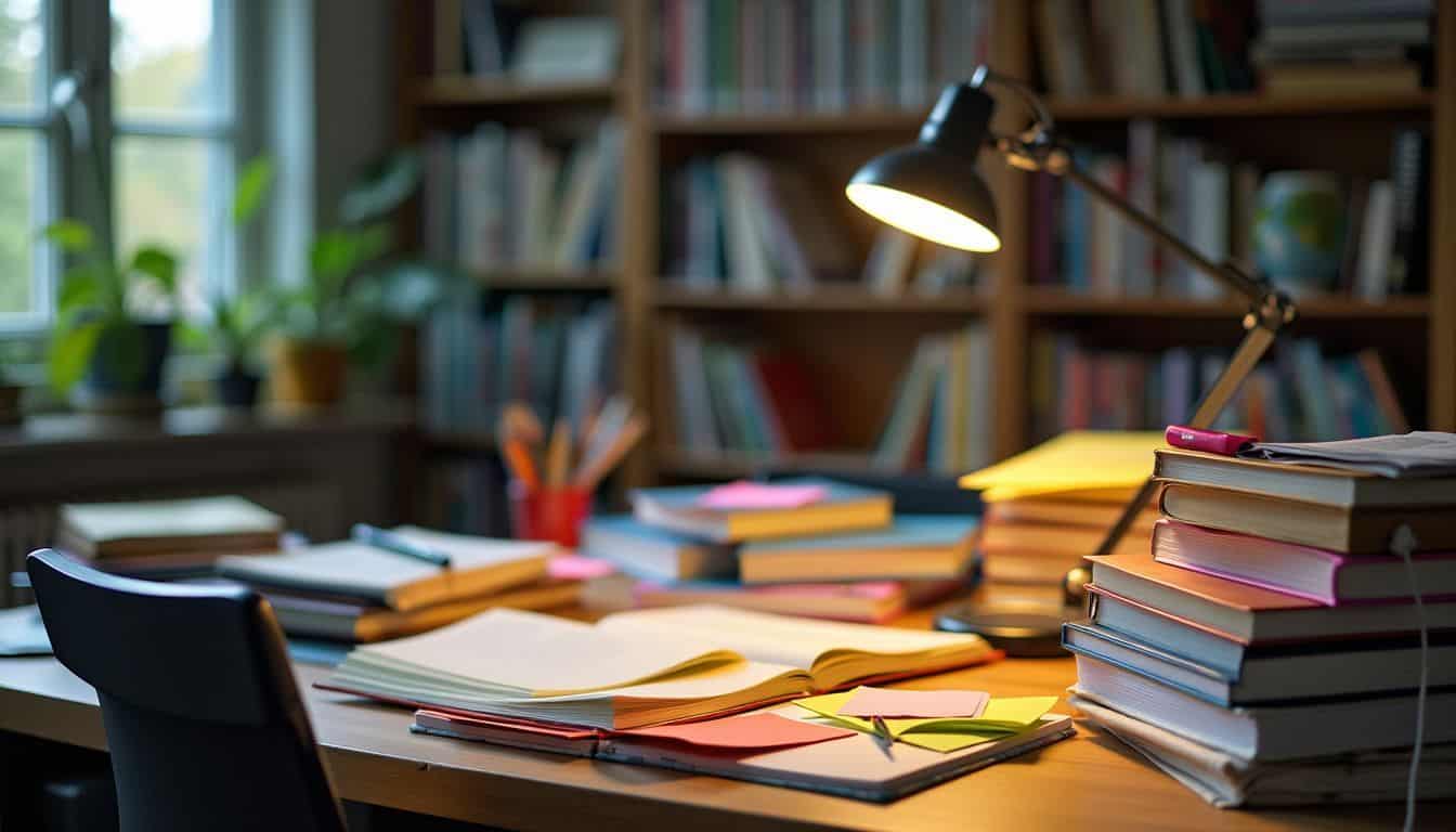 A cluttered study desk with textbooks, notebooks, and colorful sticky notes in a warm, comfortable atmosphere.