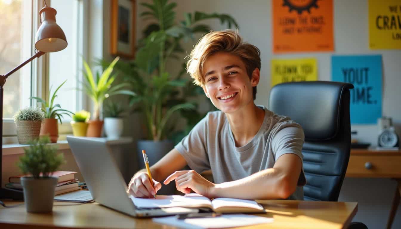 A teenager is organizing a well-lit study area with motivational posters for productivity.