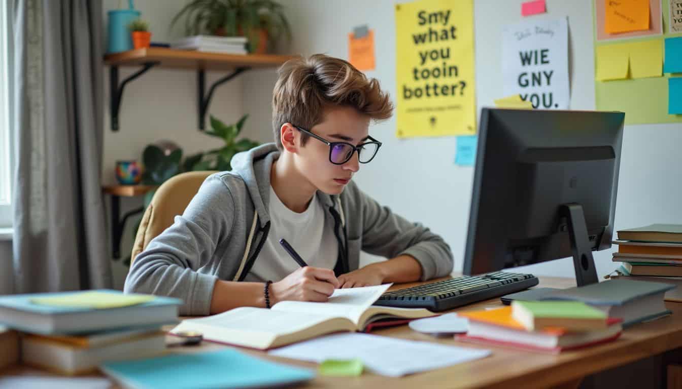 A young adult student studying at a cluttered desk with open books and a computer.