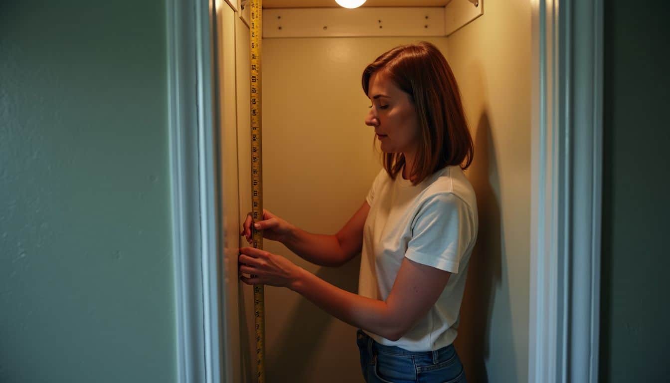 A woman measures a closet to convert it into a secret room.