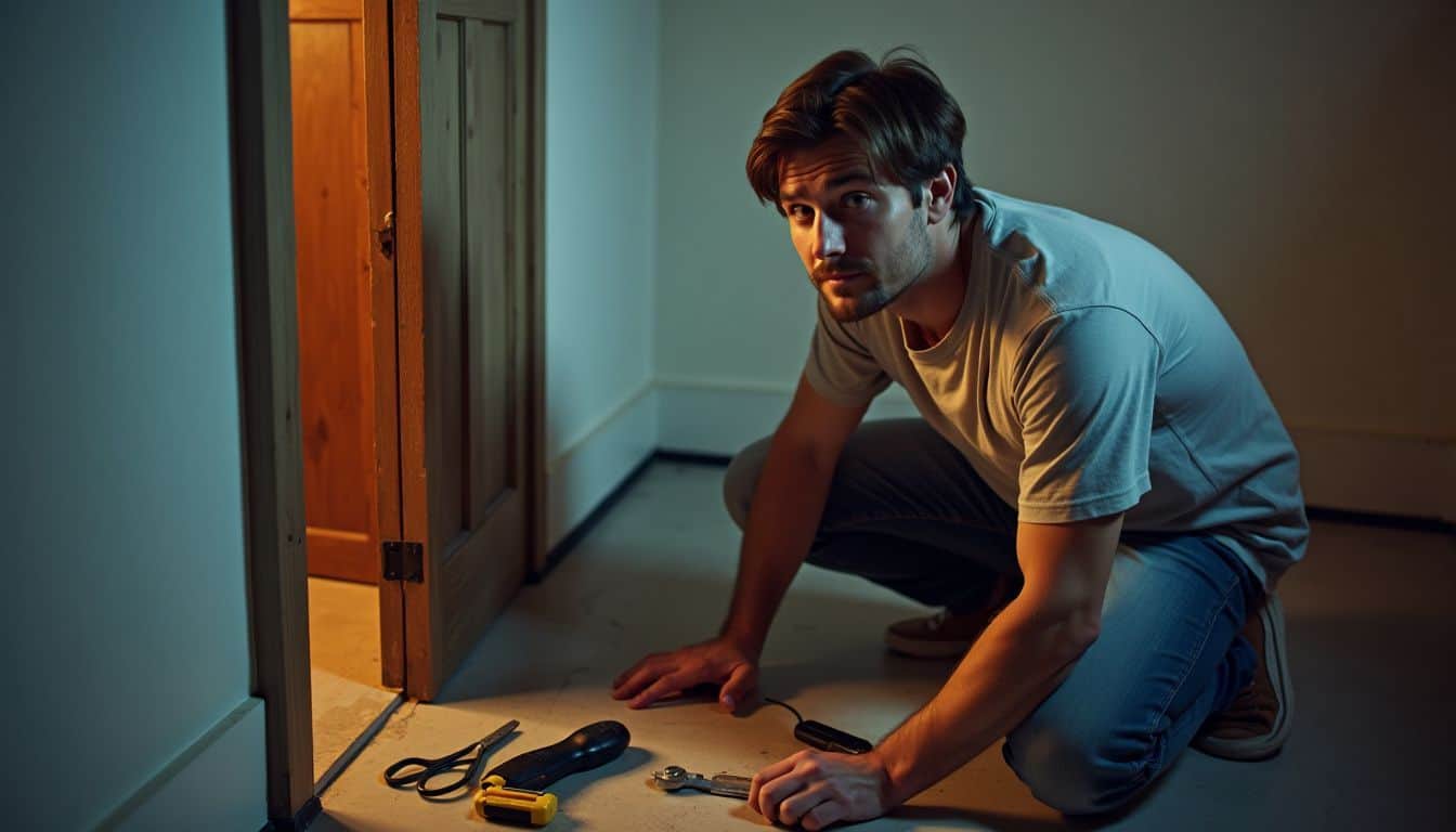 A person in their 30s installing a hidden door in a basement.