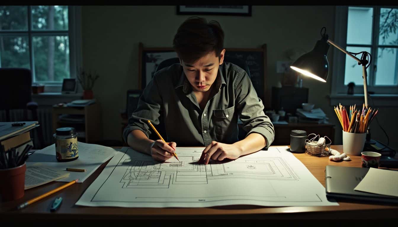 A person sketching detailed blueprint for a hideaway at cluttered desk.